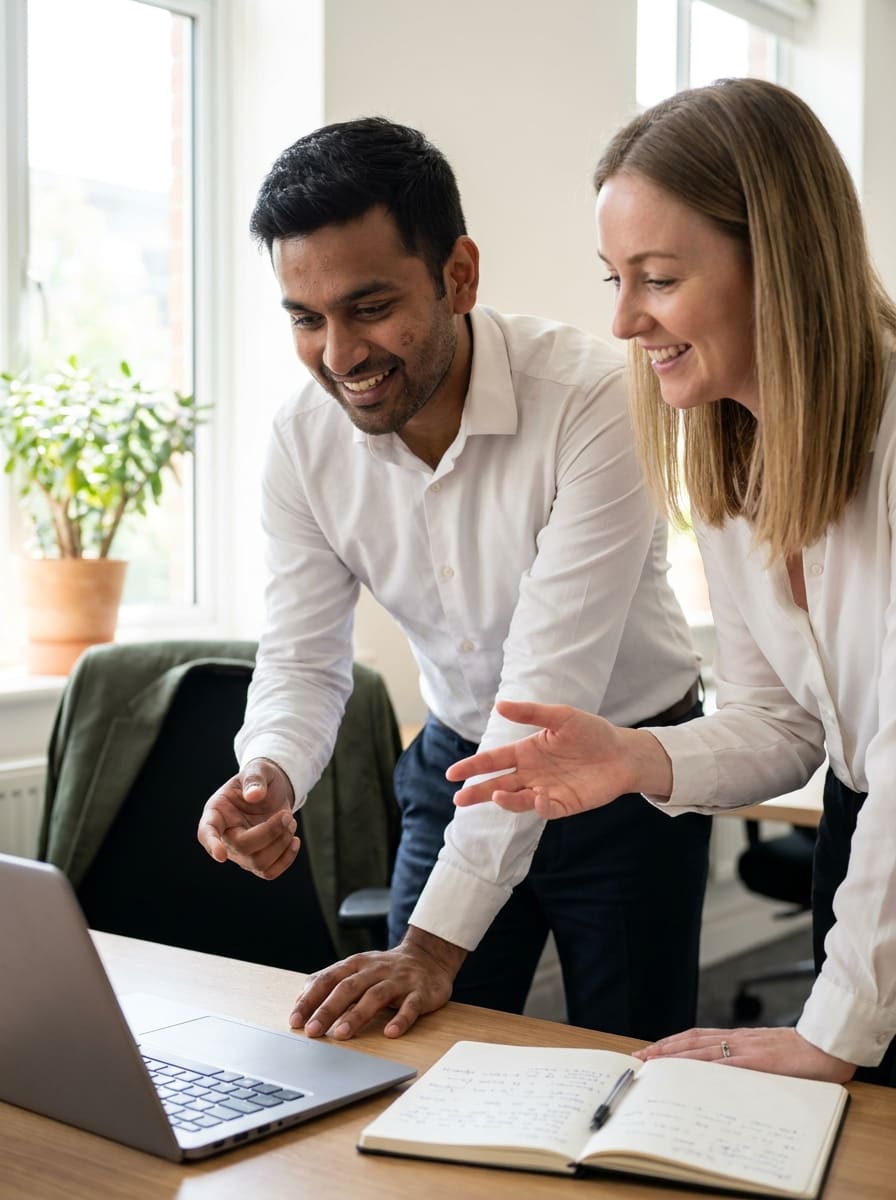 Business partners reviewing a document together